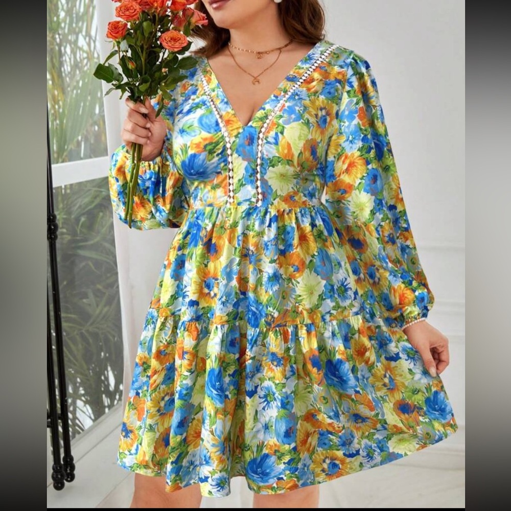 Boho Plus Size Floral Print Open Back Tie Lantern Sleeve Ruffle Hem Dress - Picture 2 of 6